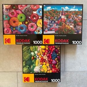 🧩Lot of 3, Kodak 1000 Pc Puzzles Complete Donuts, Superfoods, Vermont Fall